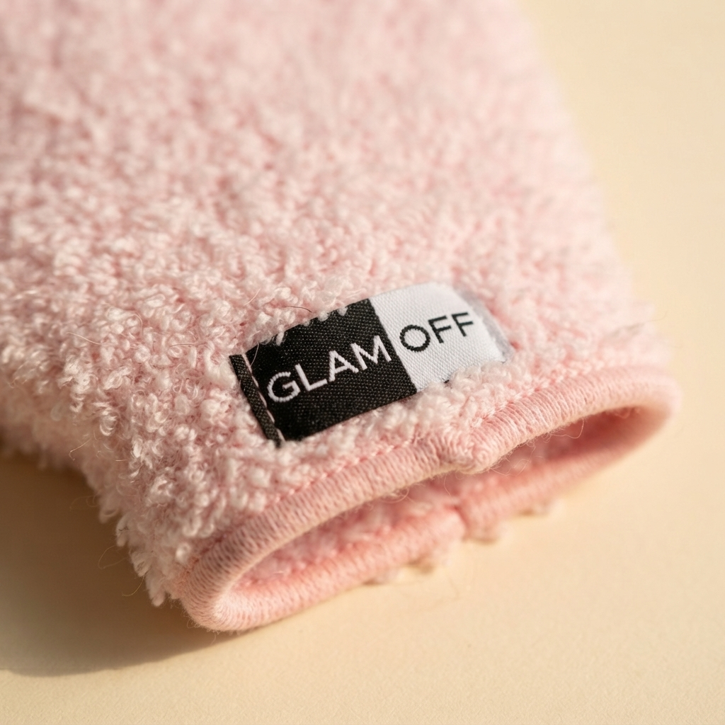 Close-up of a pink textured microfibre glove with a black and white brand label reading 'GLAM OFF', set against a warm cream background.