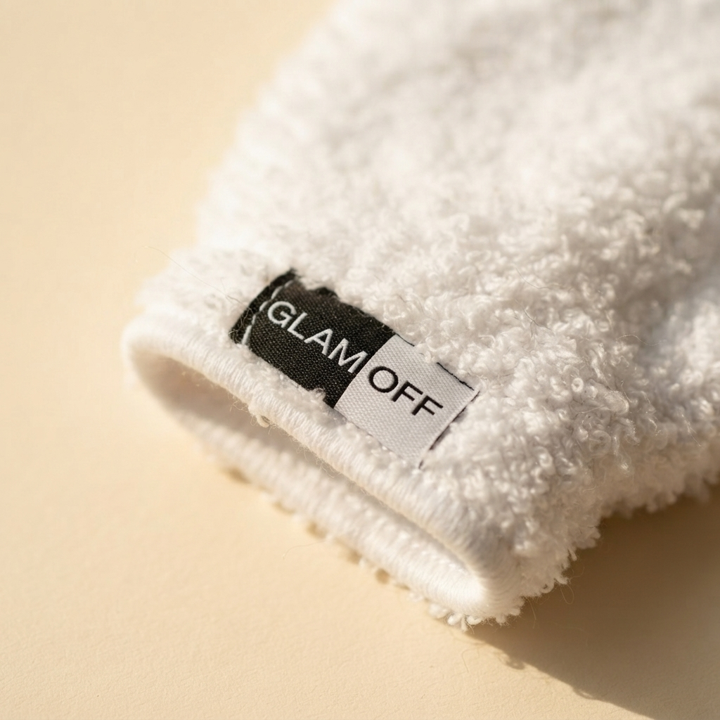 Close-up of a white textured microfibre glove with a black and white brand label reading 'GLAM OFF', set against a warm cream background.