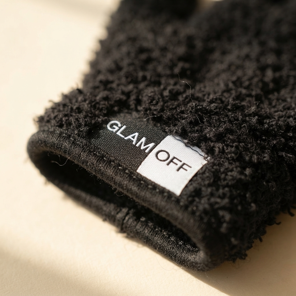Close-up of a black textured microfibre glove with a black and white brand label reading 'GLAM OFF', set against a warm cream background.