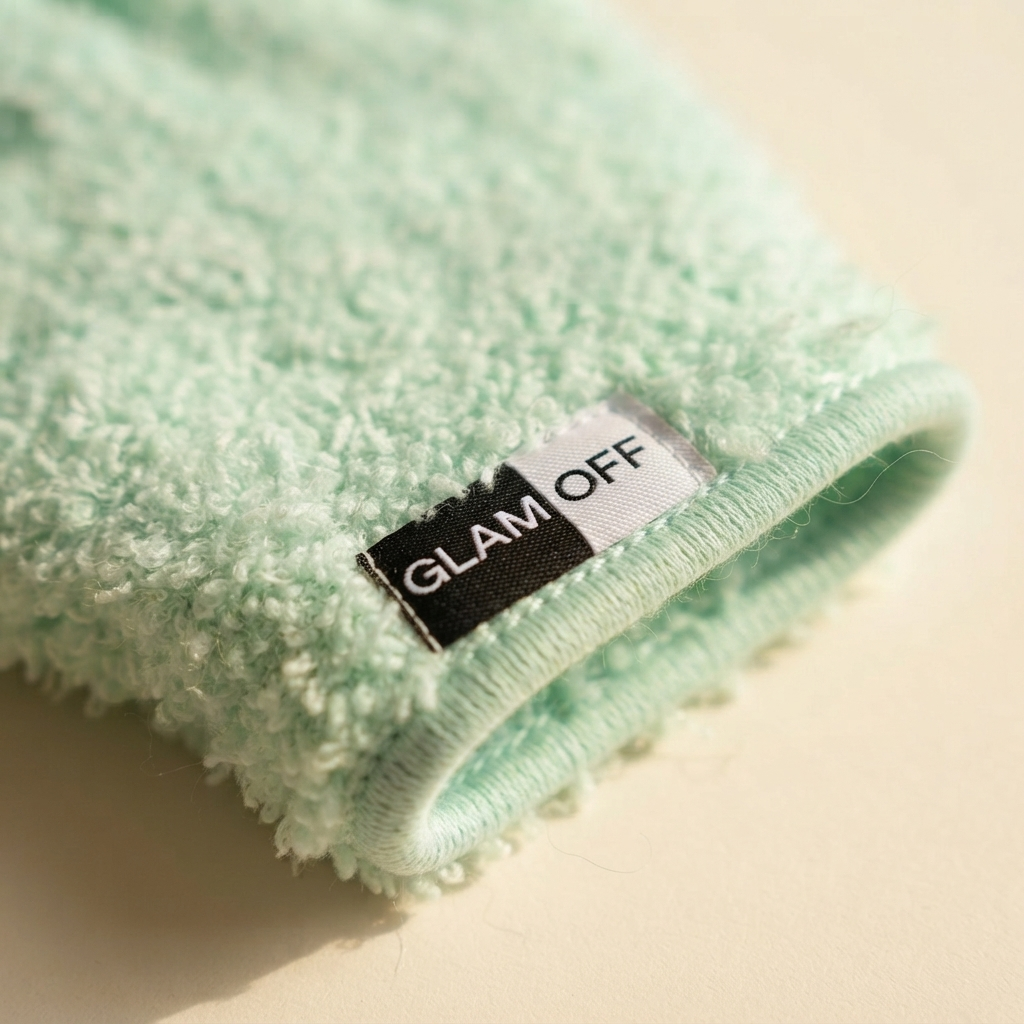 Close-up of a mint green textured microfibre glove with a black and white brand label reading 'GLAM OFF', set against a warm cream background.