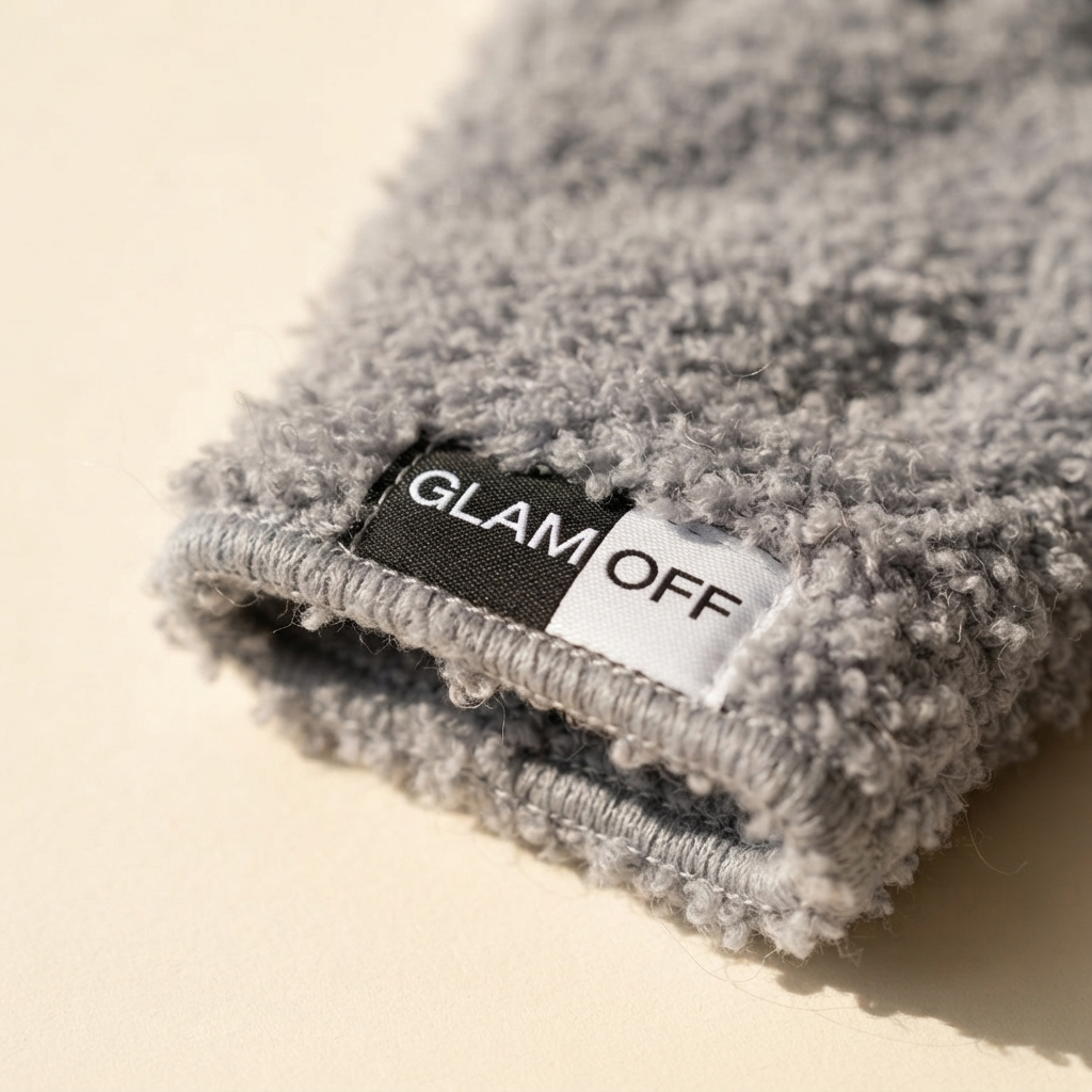 Close-up of a grey textured microfibre glove with a black and white brand label reading 'GLAM OFF', set against a warm cream background.