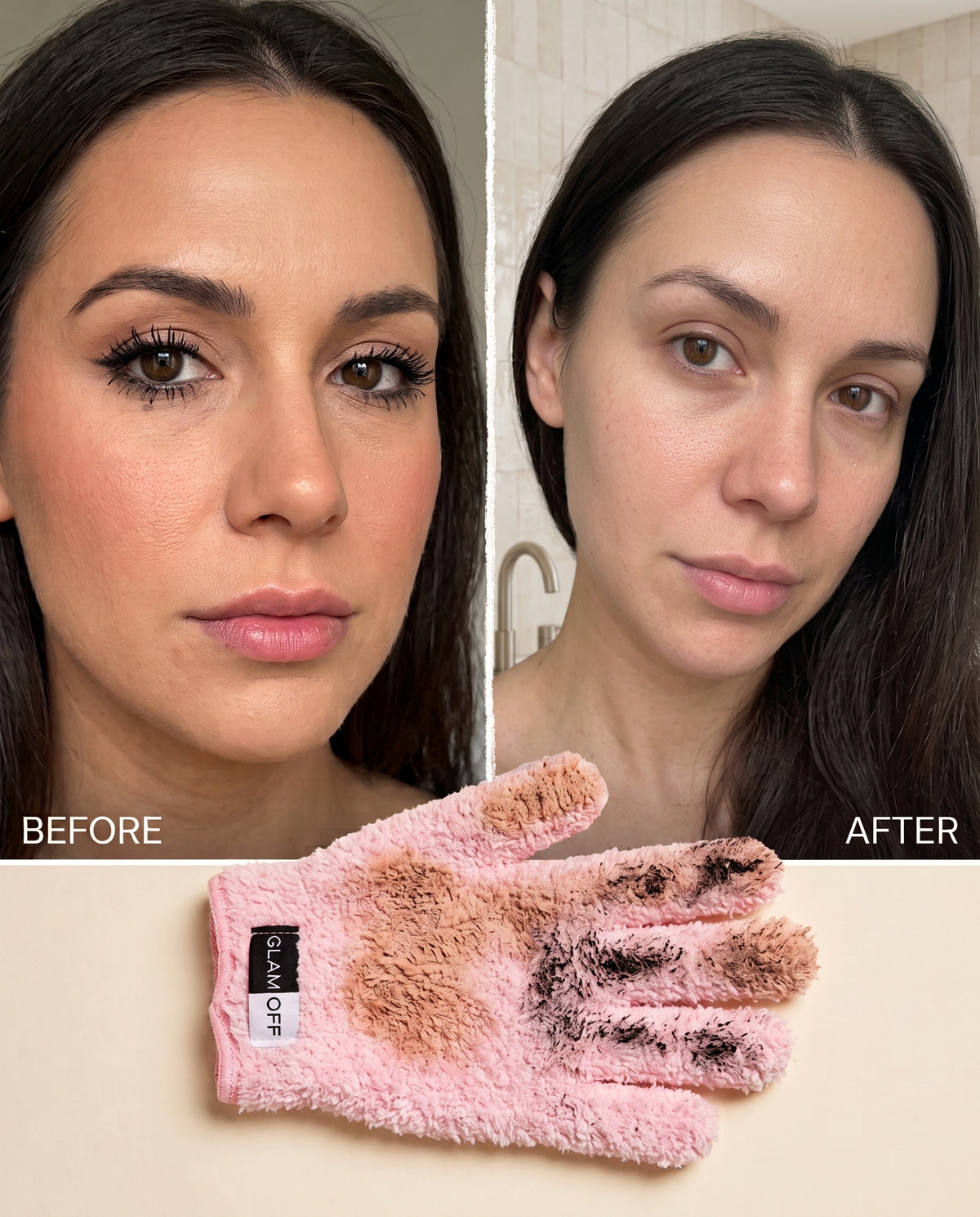 Before and after comparison of a woman's face with makeup removed, shown above a pink microfibre hand-cleaning glove with dirty residue on the fingers, labeled 'BEFORE' and 'AFTER' on a beige background.