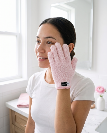A woman in a white t-shirt wearing a pink textured plush microfibre glove on her hand, posing in a bright, modern bathroom setting.